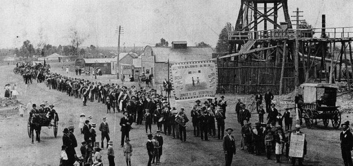 Eight-hour day procession by miners in Wyalong, New South Wales in late 1890s